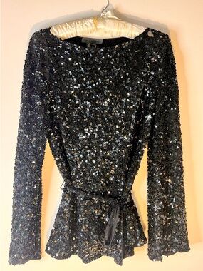 Jill Stuart Black Sequin Long-Sleeve Blouse | Bell Sleeve | Tied Waste